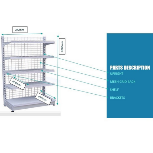 END SHELF SINGLE SIDED GONDOLA WITH MESH GRID AND SHELVES