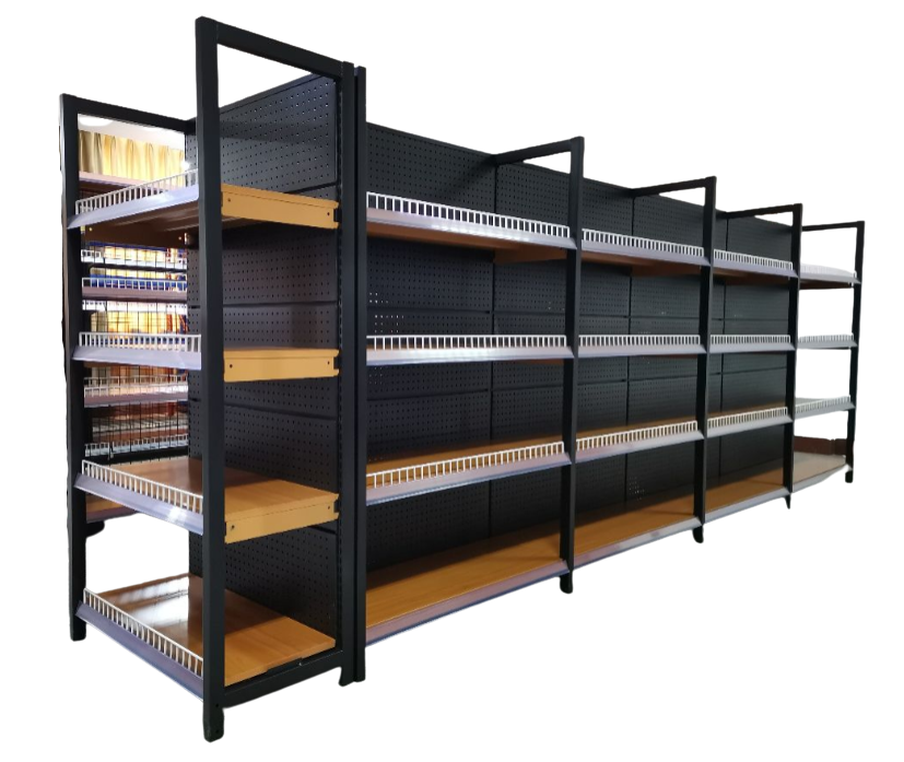 Square Black and Wood Gondola Double Sided – I S O Shelving
